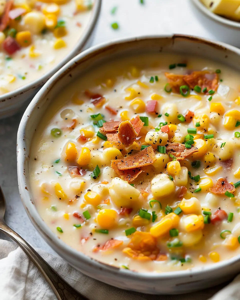 Creamy Corn Chowder Recipe with Turkey Bacon and Chicken Ham Delight