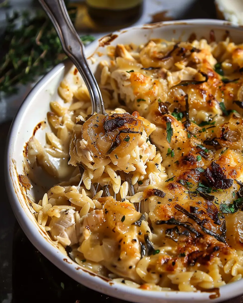 French Onion Chicken Orzo Casserole with Turkey Bacon Twist