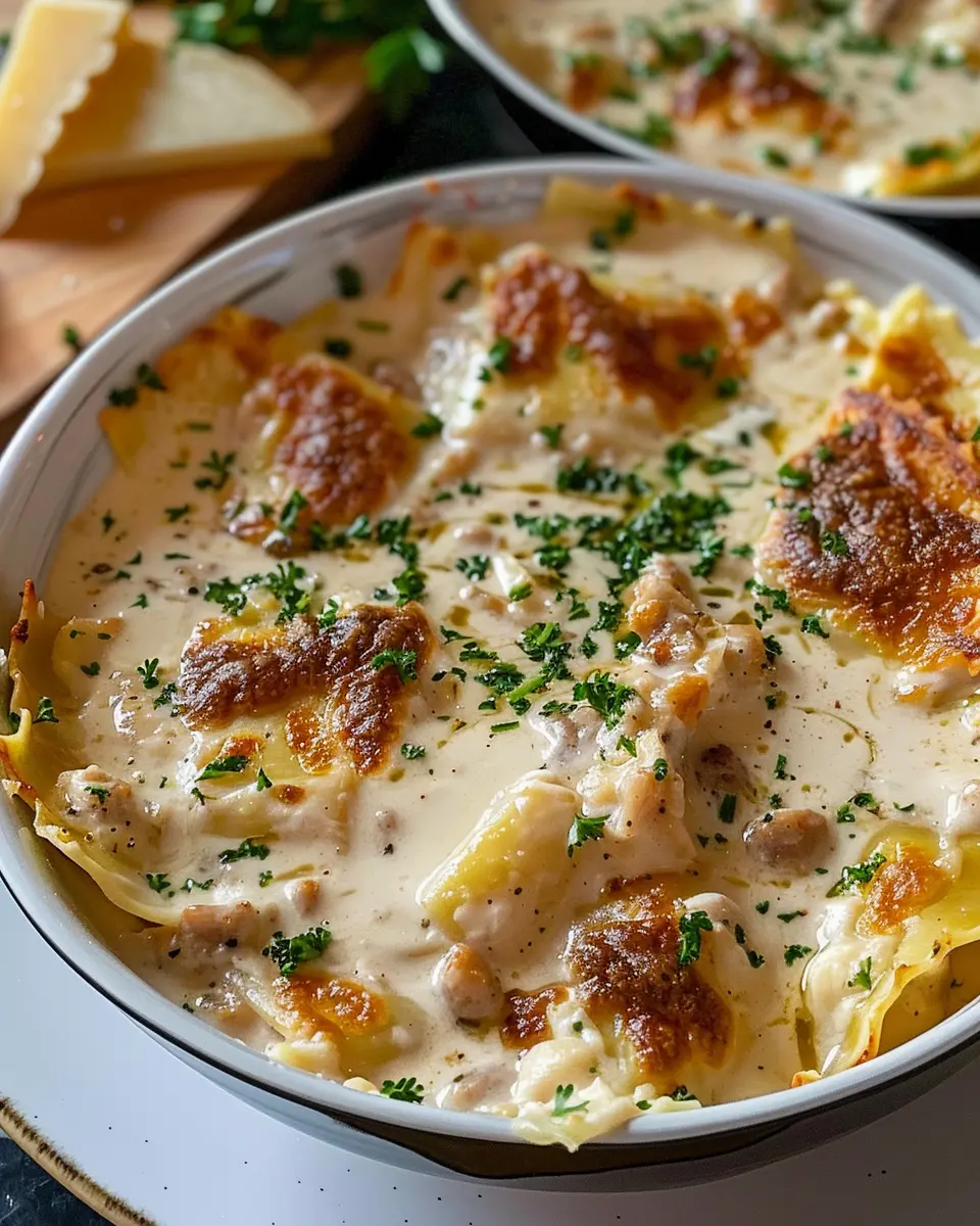 Creamy Alfredo Lasagna Soup with Turkey Bacon and Chicken Ham